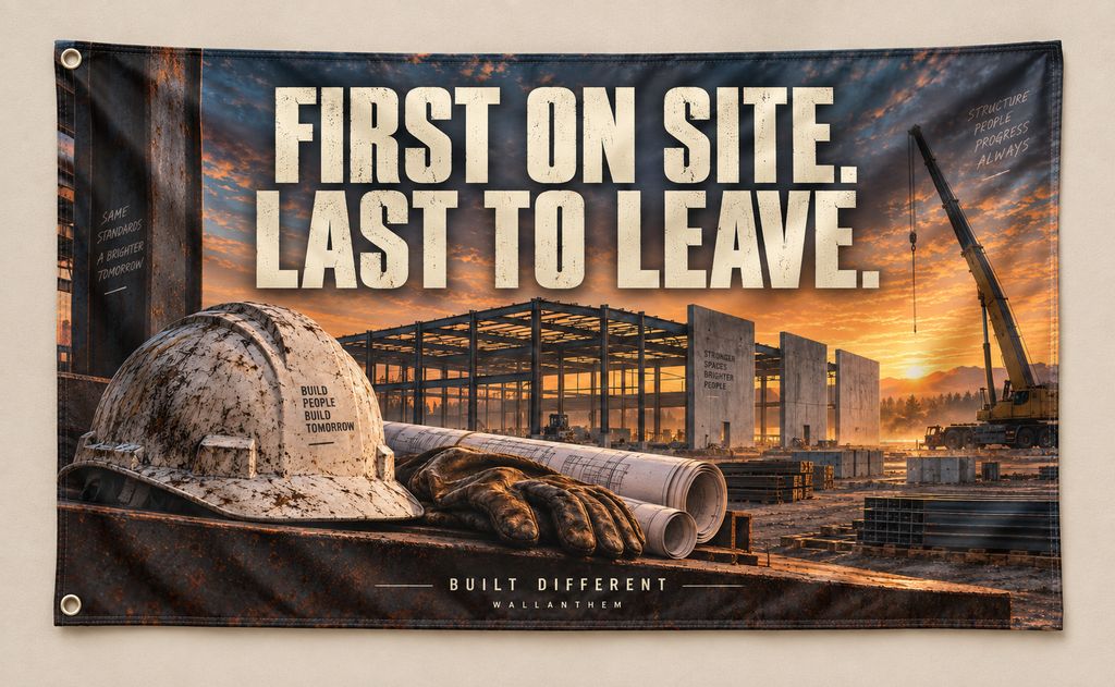 First on Site. Last to Leave. fabric banner mockup; two grommets along the left short edge