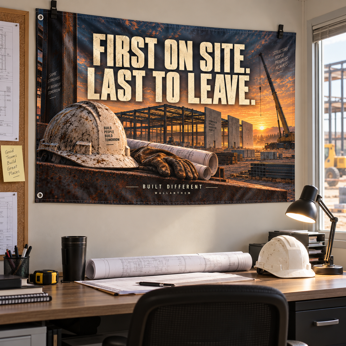 First on Site. Last to Leave. fabric banner in a working construction office. Styled room image; props and display hardware are not included.