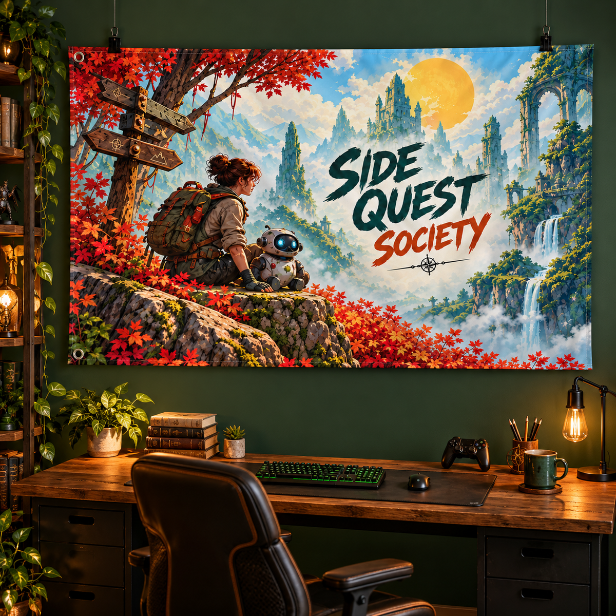 Side Quest Society Banner displayed in a furnished interior; illustrative mockup. Display clips and props not included.