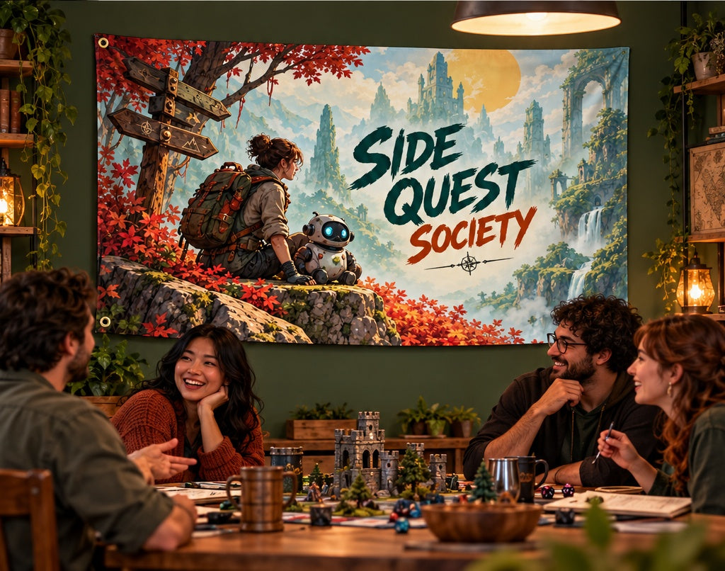 Side Quest Society fabric banner displayed in its room setting