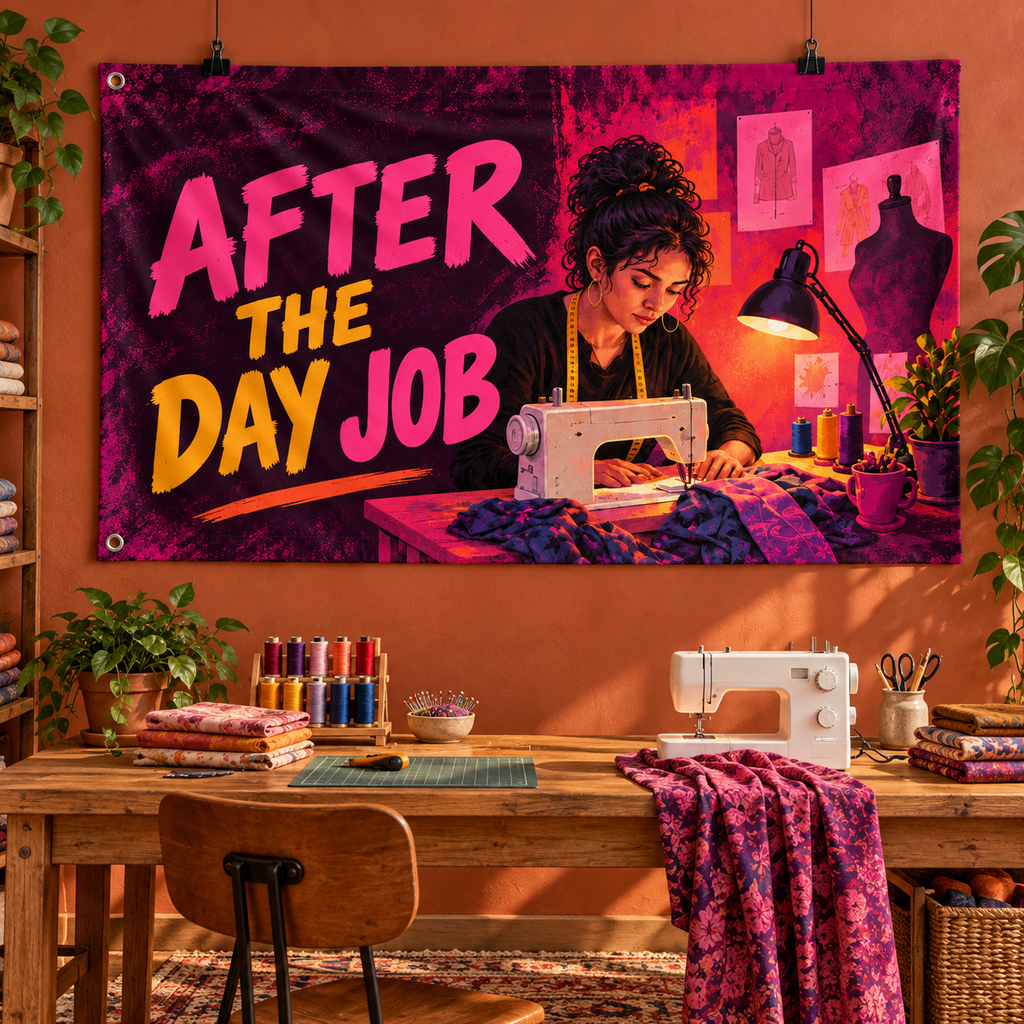 After the Day Job Banner displayed in a furnished interior; illustrative mockup. Display clips and props not included.
