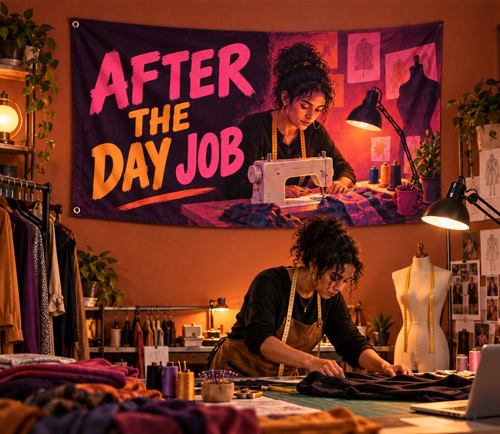 After the Day Job fabric banner displayed in its room setting