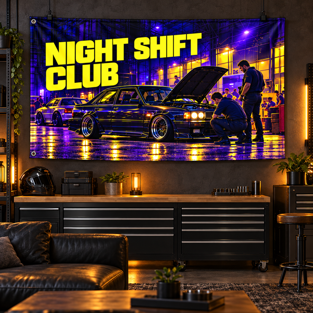 Night Shift Club Banner displayed in a furnished interior; illustrative mockup. Display clips and props not included.