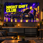 Night Shift Club Banner displayed in a furnished interior; illustrative mockup. Display clips and props not included.