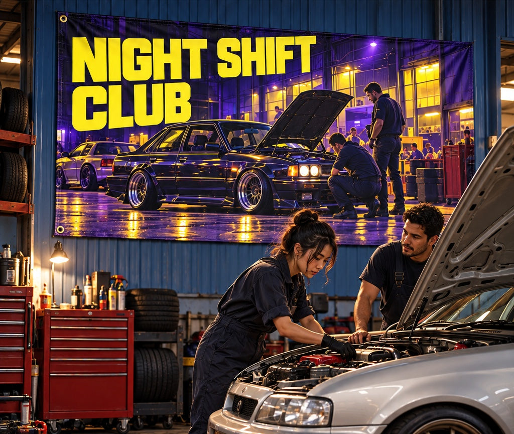 Night Shift Club fabric banner displayed in its room setting