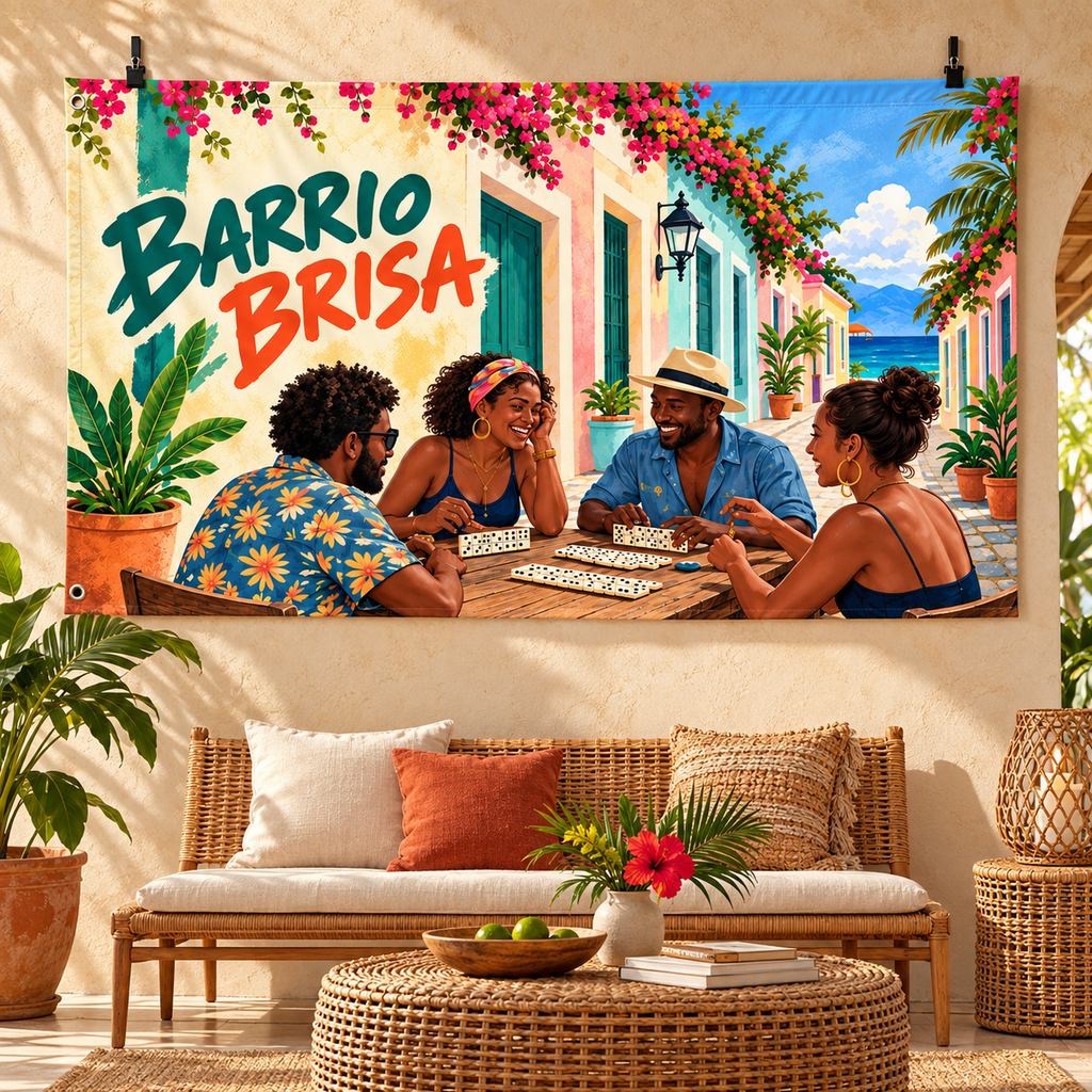 Barrio Brisa Banner displayed in a furnished interior; illustrative mockup. Display clips and props not included.