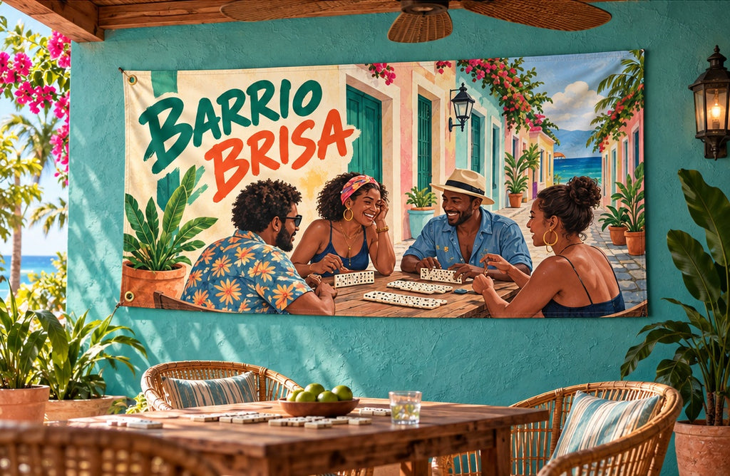 Barrio Brisa fabric banner displayed in its room setting