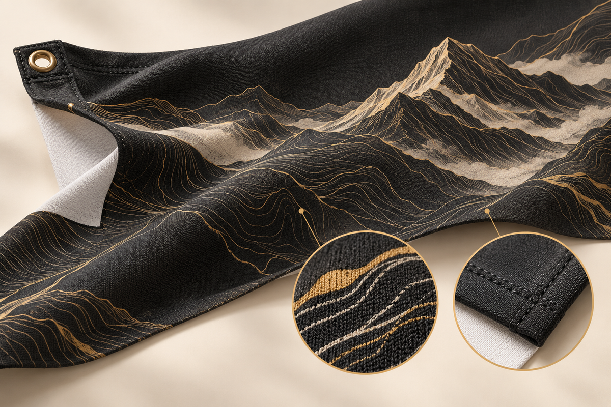 Illustrative banner material study showing fabric, print, hem and grommet details