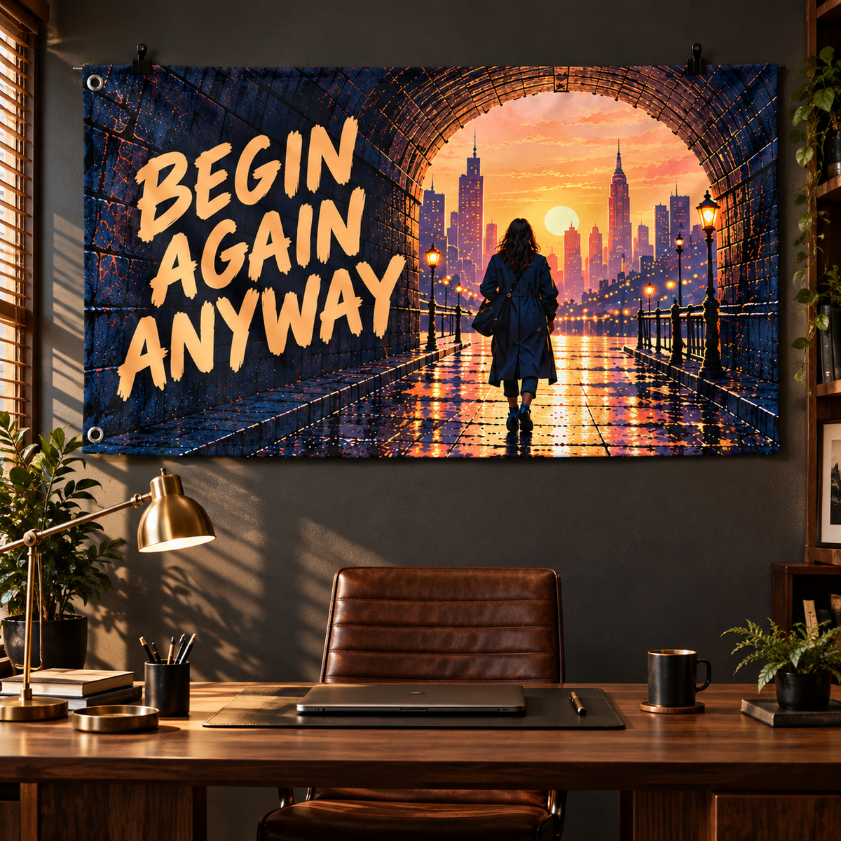 Begin Again Anyway Banner displayed in a furnished interior; illustrative mockup. Display clips and props not included.