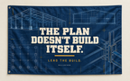 The Plan Doesn’t Build Itself fabric banner mockup; two grommets along the left short edge
