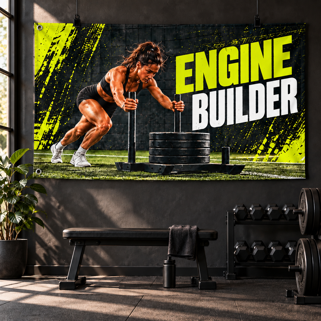 Engine Builder Banner displayed in a furnished interior; illustrative mockup. Display clips and props not included.