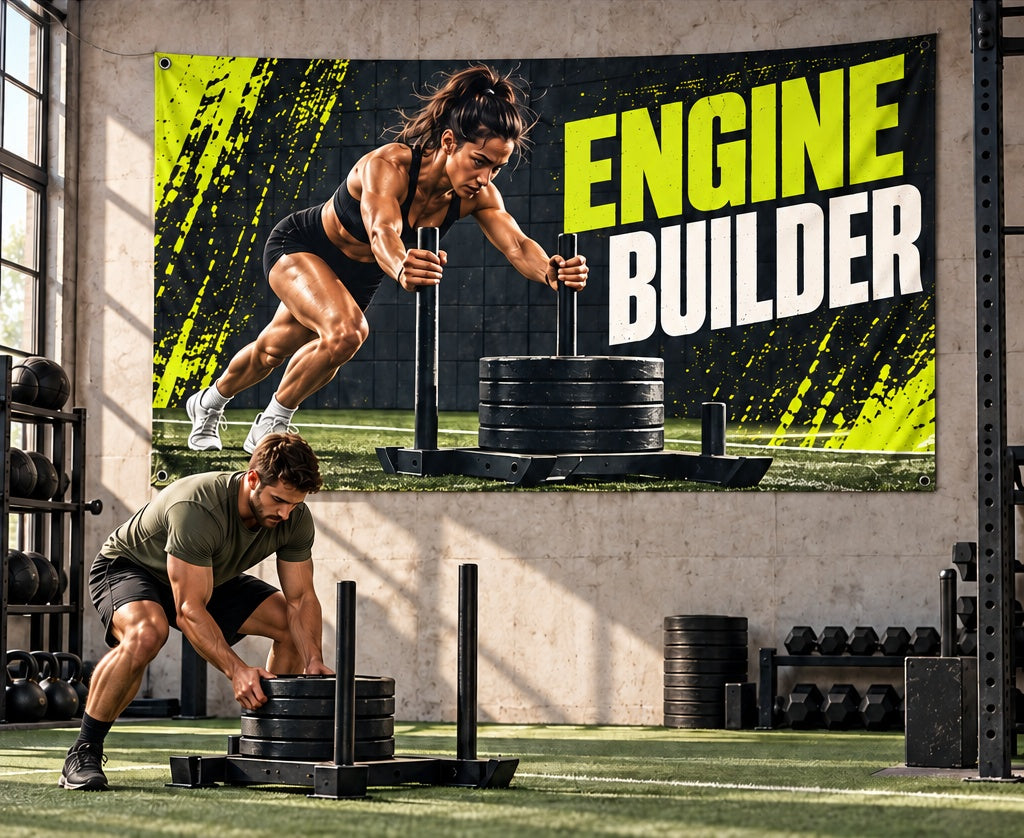 Engine Builder fabric banner displayed in its room setting