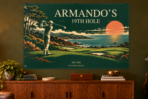 Personalized golf banner displayed above a sideboard; illustrative room mockup.