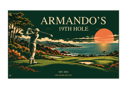 Personalized 19th Hole fabric banner; sample ARMANDO; two left-edge grommets.