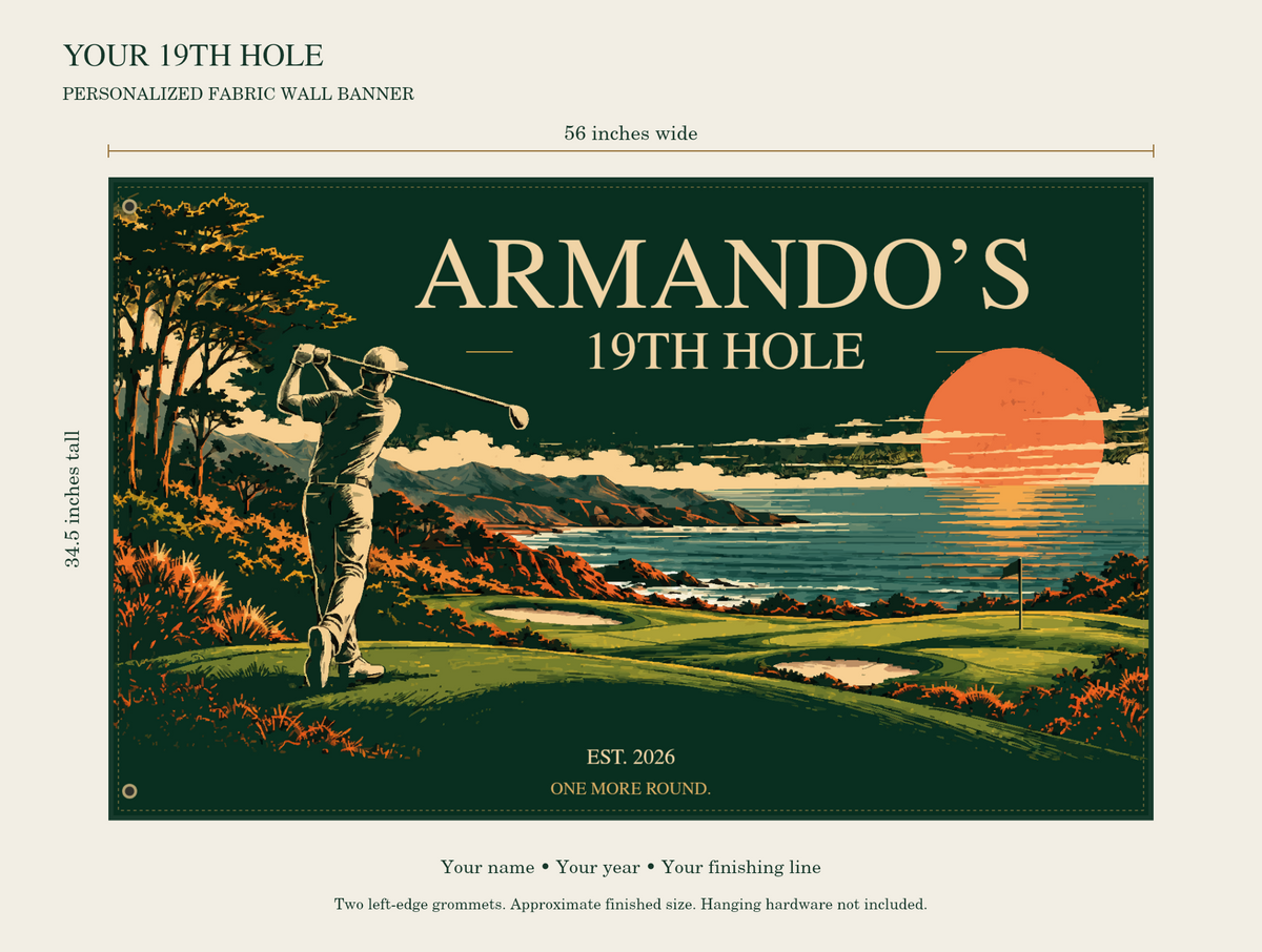 56 by 34.5 inch personalized golf banner size guide.