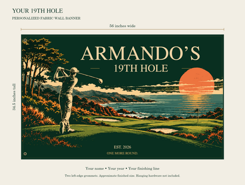 56 by 34.5 inch personalized golf banner size guide.