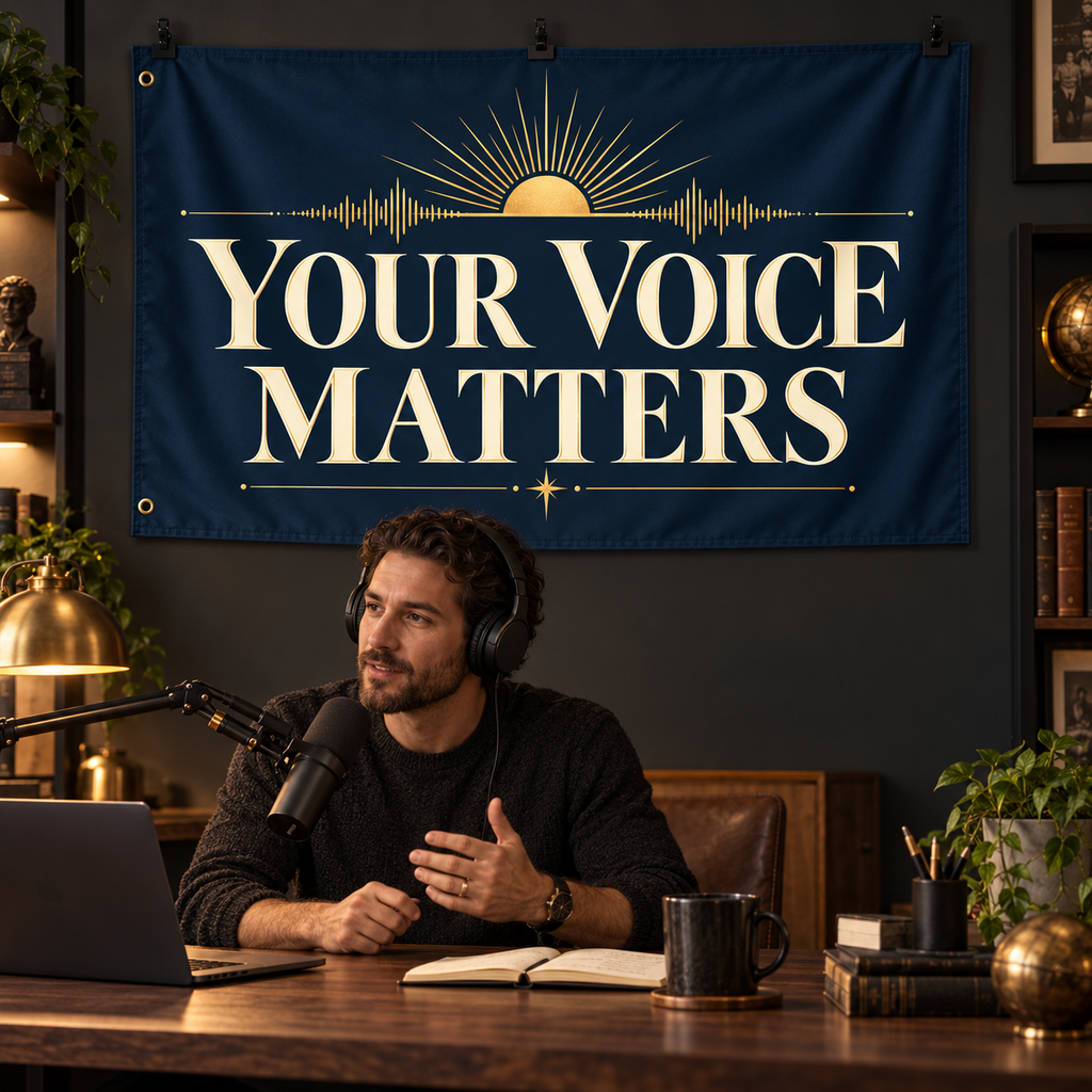 Your Voice Matters Banner in a styled lifestyle setting, with two grommets on one short edge; illustrative mockup.